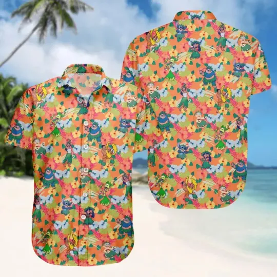 Discover Disney Lilo And Stitch Tropical Flowers Dancing Party Orange Hawaiian Shirt
