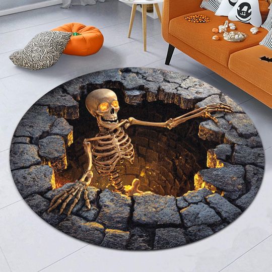 Discover 2D Flat Halloween Skeleton Round Rug, Spooky Skeleton Floor Mat for Haunted House Party