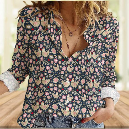 Chicken Floral Blouse Shirt, Casual Button-Up Shirt