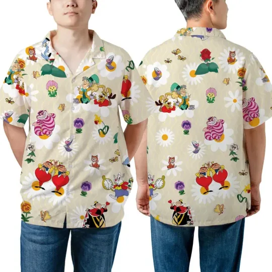 Discover Disney Alice In Wonderland Cheshire Mad Hatter White Rabbit Hawaiian Shirt