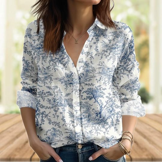 French Toile Blouse, Vintage Blue and White Women's Shirt, Romantic Cottagecore Blouse