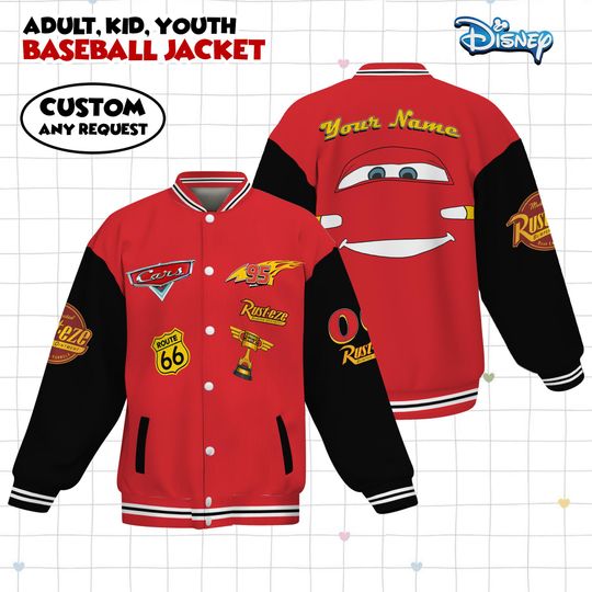 Discover Custom Name Lightning McQueen Car Kids and Youth Baseball Jacket, Aldult Unisex Varsity Baseball Jacket