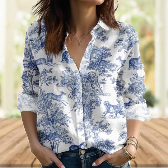 Discover Toile De Jouy Animal Blouse Shirt, Blue Safari Wildlife Shirt, Long Sleeve Shirt Women, Vintage Jungle Casual Shirt, Gifts For Her