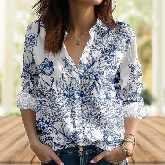 Blue Floral Long Sleeve Blouse for Women, Vintage Botanical Lightweight Spring Shirt