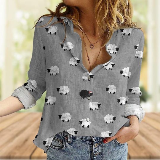Discover Sheep Linen-Look Shirt, Cute Sheeps Women Blouse, Funny Sheep Button Up Shirt, Farm Animal Shirt, Sheep Lover Casual Shirt, Lamp Farm