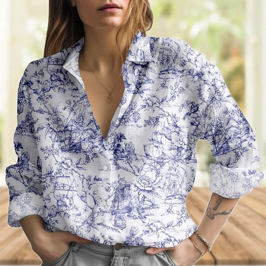 Discover Toile De Jouy Blouse Shirt, Vintage Women Shirt, French Style Floral Shirt, Cottagecore Shirt For Women, Birthday Gifts For Her