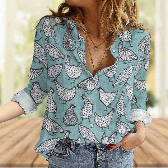 Chicken Hen Linen-Look Women's Blouse, Summer Farmer Gift