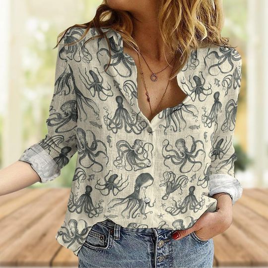 Octopuses Shirt, Ocean Animal Blouse, Marine Life Women’s Shirt