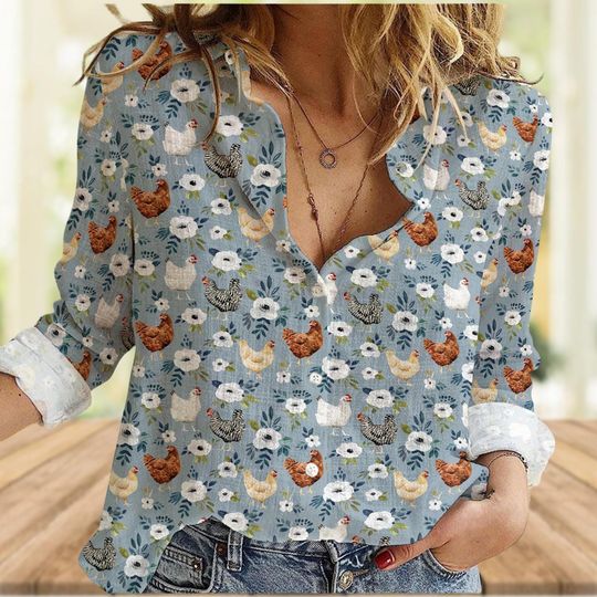 Discover Chicken Floral Blouse Shirt, Chicken Love Linen-Look Shirt, Farm Shirt, Gift For Her, Hen Women Shirt, Cute Animal Shirt, Button Shirt