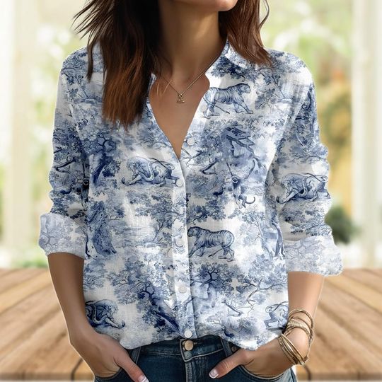 Discover Blue Safari Toile Blouse for Women, Long Sleeve Jungle Animal Top, Vintage Wildlife Shirt