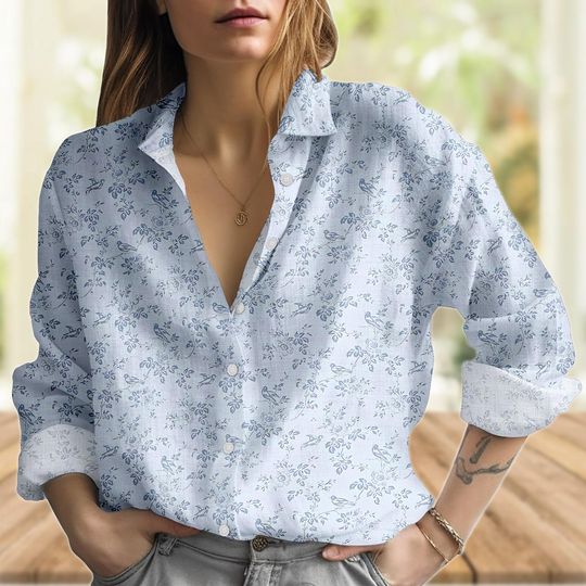 Discover Bird and Floral Blouse, Light Blue Women’s Shirt
