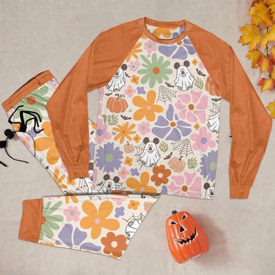 Discover Cute Mickey Ghost Floral Pajamas Set, Disney Halloween Pumpkin Fall Boho Sleepwear, Disney Halloween Family Pjs, Spooky Pajama For Kid Adult
