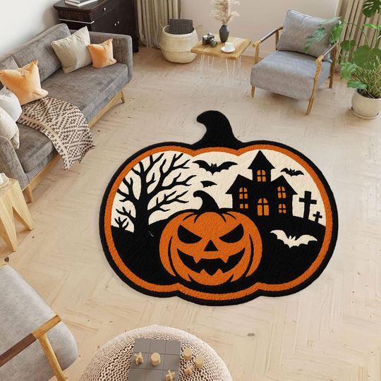 Discover Halloween Shaped Rug - Spooky Bat Pumpkin Spider Haunted House Carpet Halloween Area Rug Gothic Decor