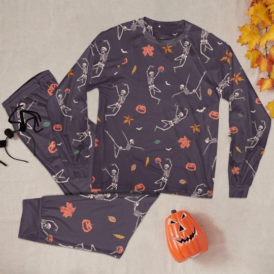 Discover Funny Dancing Skeleton Pajamas Set, Disney Fall Vibes Sleepwear, Retro Halloween Pumpkin Skeleton Pajamas, Disney Halloween Family Pajamas