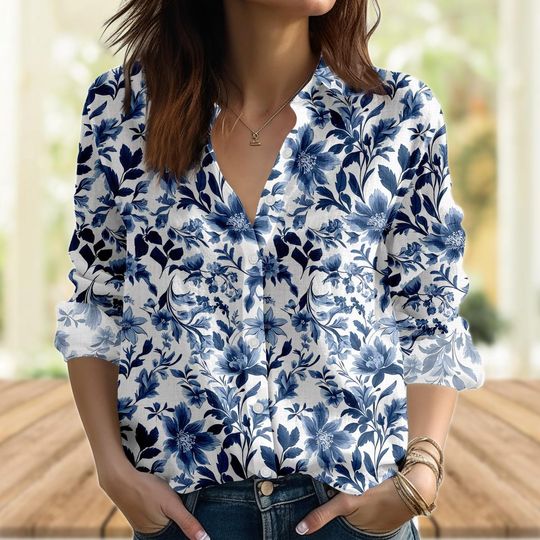 Vintage Floral Blouse Shirt for Women, Retro Blue and White Romantic Cottagecore Top