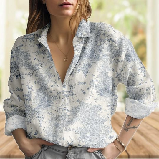 Discover Forest Deer Toile Blouse, Vintage Nature Women’s Shirt, Elegant Women’s Blouse