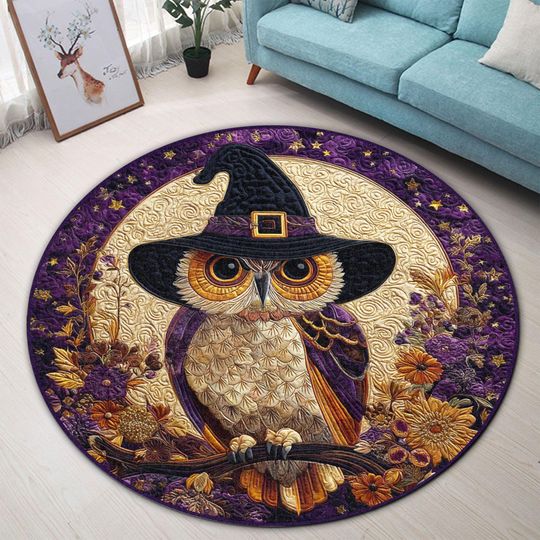 Discover Halloween Owl Round Rug, Witch Hat Owl Floor Mat, Spooky Owl Area Rug, Fall Decor Accent Carpet, Cute Owl Halloween Decor for Living Room