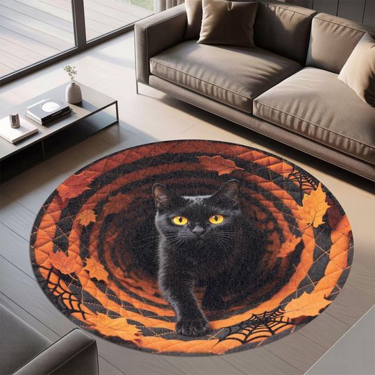 Discover Halloween Black Cat 3D Printed Rug, Round Fleece Door Mat, Spooky Season Door Decor, Horror Rug, Christmas Gift