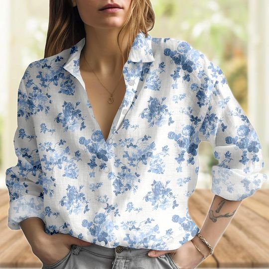 Discover Blue Floral Women's Blouse, Vintage Rose Summer Shirt