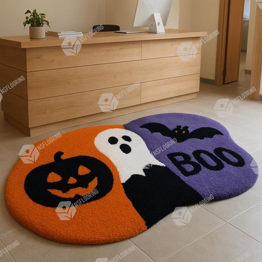 Discover Hand Tufted Wool Halloween Rug: Ghost, Pumpkin, Bat 'BOO' Design