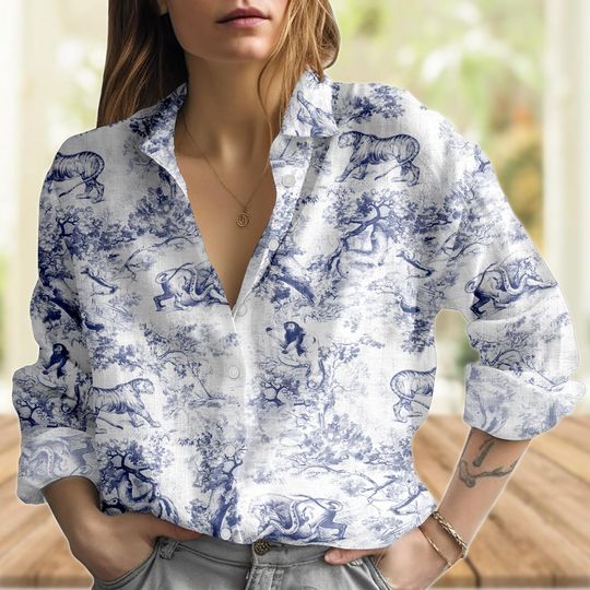 Safari Toile Blouse Shirt, Women's Long Sleeve Linen Look Top, Vintage Wildlife Casual Blouse