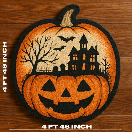 Discover Pumpkin Shaped Halloween Rug: Haunted House & Bats