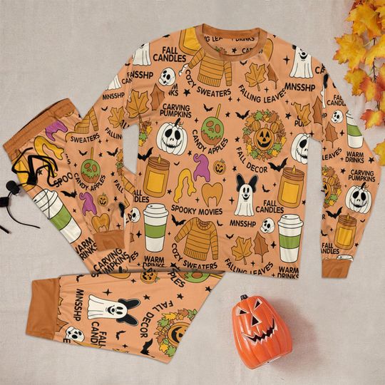 Discover Cozy Fall Halloween Pajamas Set, Pumpkin Ghost Leaves Coffee Candles Sleepwear, Funny Spooky Pajamas, Disney Halloween Pajamas For Kid Adult