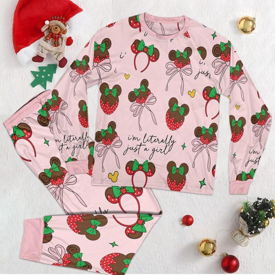 Discover Cute Coquette Bow Minnie Mouse Pajamas Set, Disney Minnie Chocolate Strawberry Ears Sleepwear, Disney Pajamas For Girl Kid Adult