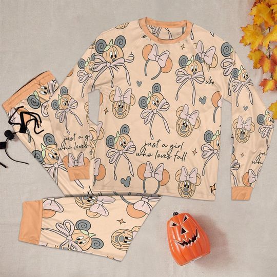 Discover Cozy Fall Vibes Pajamas Set, Disney Mickey Minnie Pumpkin Coquette Bow Sleepwear, Cute Autumn Fall Icons Mouse Ears Pajamas