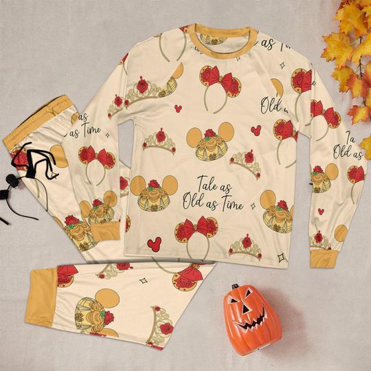 Cute Coquette Bow Belle Ears Pajamas Set, Disney Headband Belle Crown Sleepwear, Disney Belle Princess Pajamas, Disney Pajamas For Kid Adult