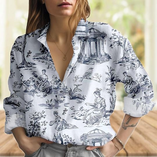 Toile De Jouy Blouse Shirt, Vintage Scenic Women's Top, Victorian Style Shirt for Women