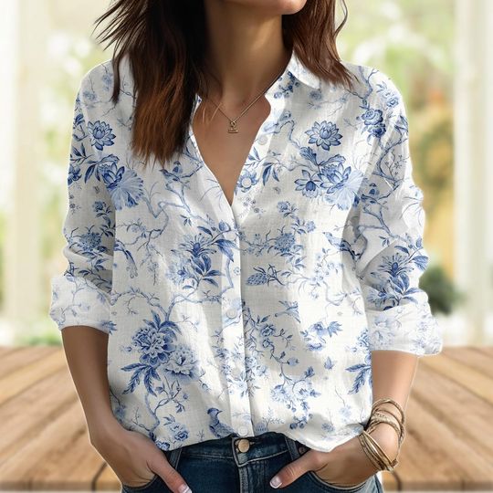 Discover Blue Floral Bird Blouse Shirt, Vintage Toile Women Shirt, Casual Lightweight Shirt For Women, Nature Lovers Casual Shirt, Gifts For Her