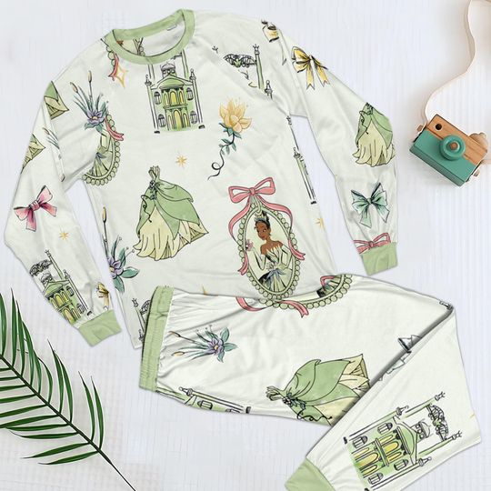 Cute Princess Tiana Pajamas Set, Disney Coquette Bow Princess and The Frog Sleepwear, Disney Princess Pajamas For Kid Adult