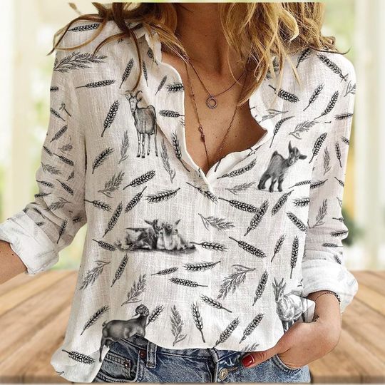 Goat Linen-Look Shirt for Women, Animal Print Long Sleeve Blouse
