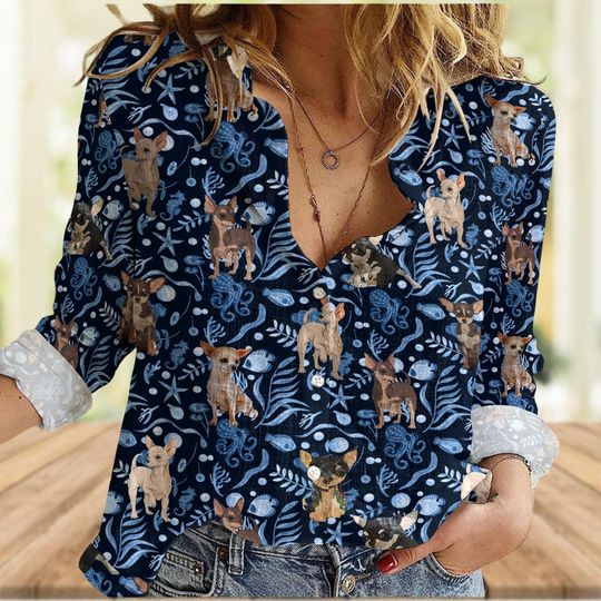Blue Ocean Pattern Chihuahua Dog Linen-Look Women's Blouse