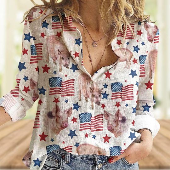 Pig Patriot USA Flag Women's Blouse, Farm Button-Up Top, Gifts for Farmers