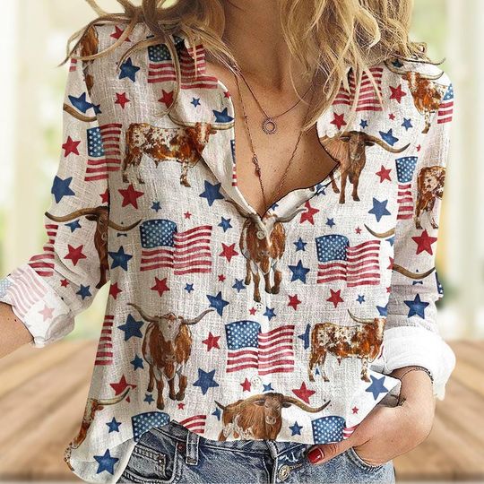 Texas Longhorn Patriot USA Flag Women's Blouse, Farm Lover Button Top