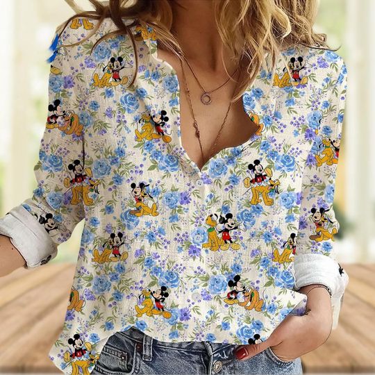 Discover Mickey And Friends Linen-Look Shirt, Disney Mickey Pluto Casual Shirt, Blouses Top Women, Button Shirt, Disney Vacation, Gift For Her