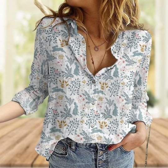 Discover Rabbits And Flowers Linen-Look Shirt, Cute Rabbit Blouse Shirt, Nature Love Long Sleeve Shirt, Floral Women Shirt, Animals Button Shirt