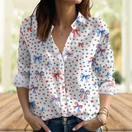 Discover USA Stars Coquette Bows Linen-Look Shirt, America Flag Women Shirt, 4th Of July Blouse Shirt, Red White Blue Button Shirt, Gift For Her