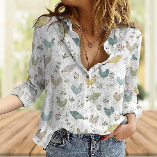 Chicken Blouse, Casual Flower Shirt, Women’s Garden Shirt