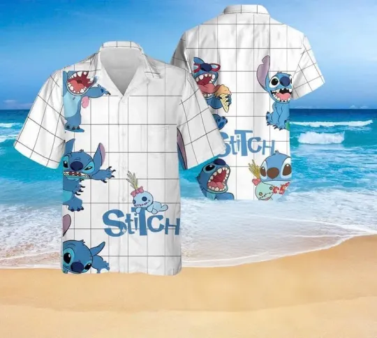 Discover Disney Cute Stitch & Scrump Summer Vibes White Grip Hawaiian Shirt