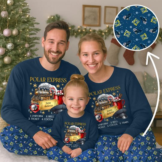 Po-lar Express Personalized Pajamas - Believe Ticket North Pole Train Set, Cozy Holiday Blue Pajamas, Christmas Pajamas Gift For Family