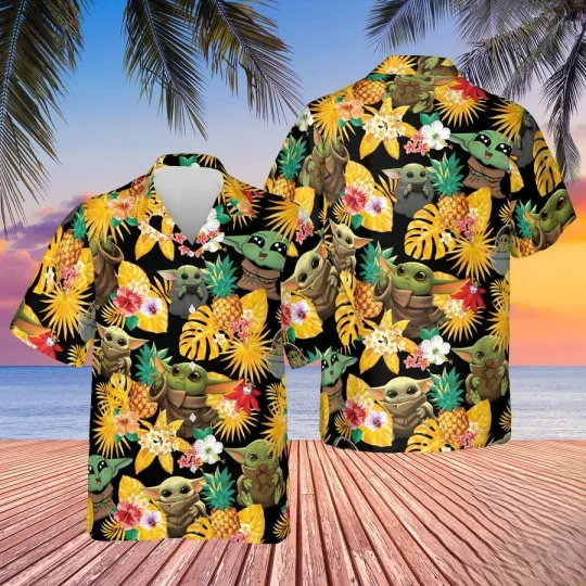 Discover Disney Star Wars Baby Yoda Tropical Pineapple Yellow Hawaiian Shirt