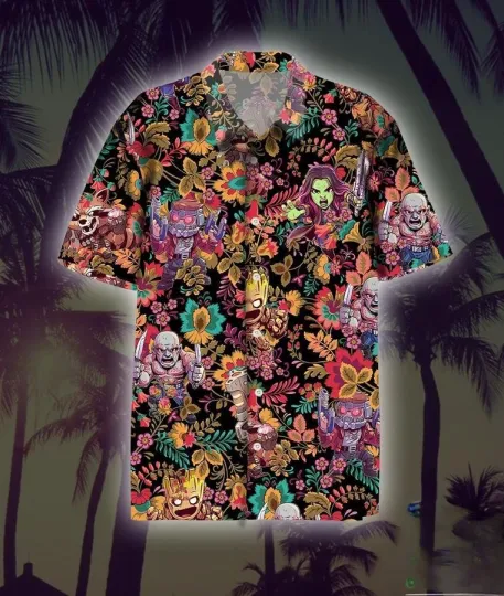 Discover Disney Marvel Colorful Floral Characters Black Hawaiian Shirt