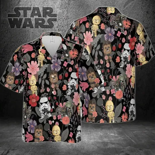 Discover Disney Star Wars Stormtrooper Chewbacca Tropical Flowers Black Hawaiian Shirt