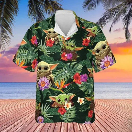 Discover Disney Star Wars Baby Yoda Cute Tropical Flower Green Hawaiian Shirt