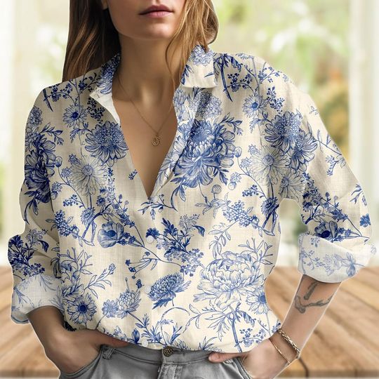 Discover Beige and Blue Women's Blouse Shirt with Long Sleeves, Vintage Porcelain Design