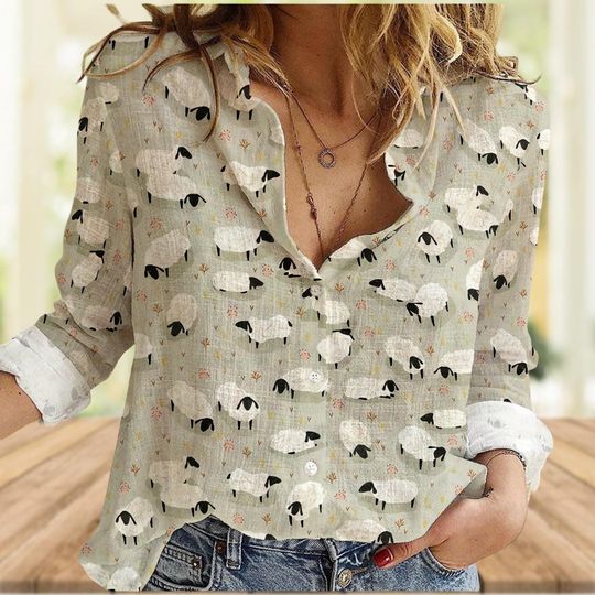 Sheep Women’s  Blouse, Long Sleeve Animal Farm Shirt