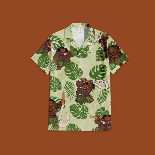 Discover Disney Moana Maui Tropical Leaves Summer Vacation Green Hawaiian Shirt